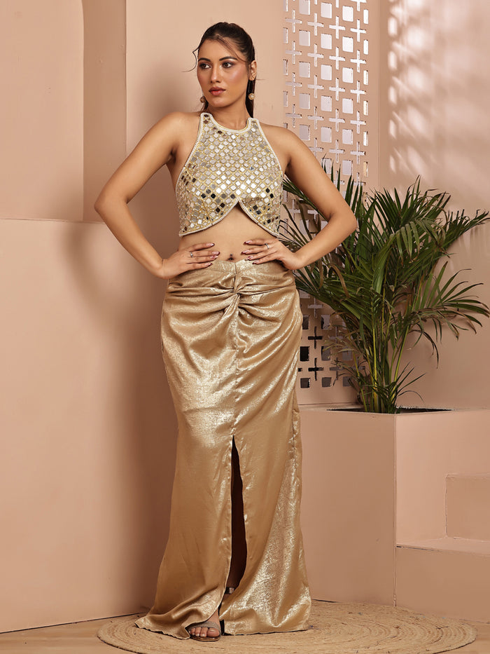 Golden Halter mirror Blouse with Skirt (full set)