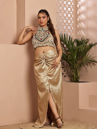Jewel Embellished Blouse with Golden Skirt