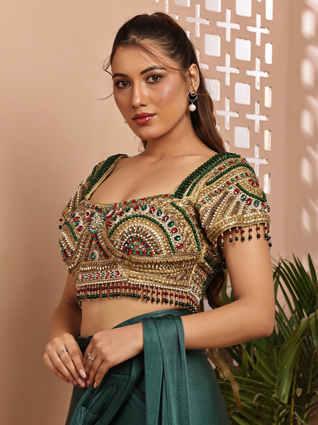 Green Jewel blouse with saree