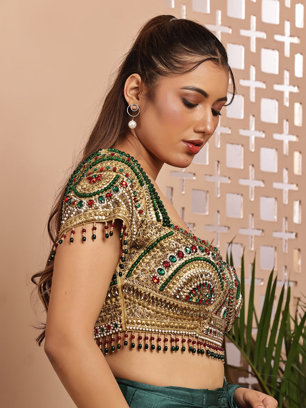 Green Jewel blouse with saree