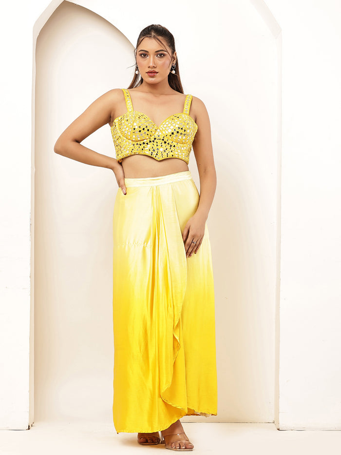 Yellow mirror work blouse with Ombre look skirt