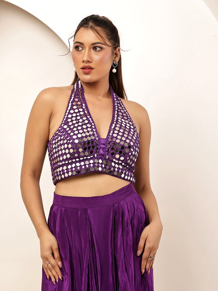 Purple Halter Mirror blouse with drape Skirt