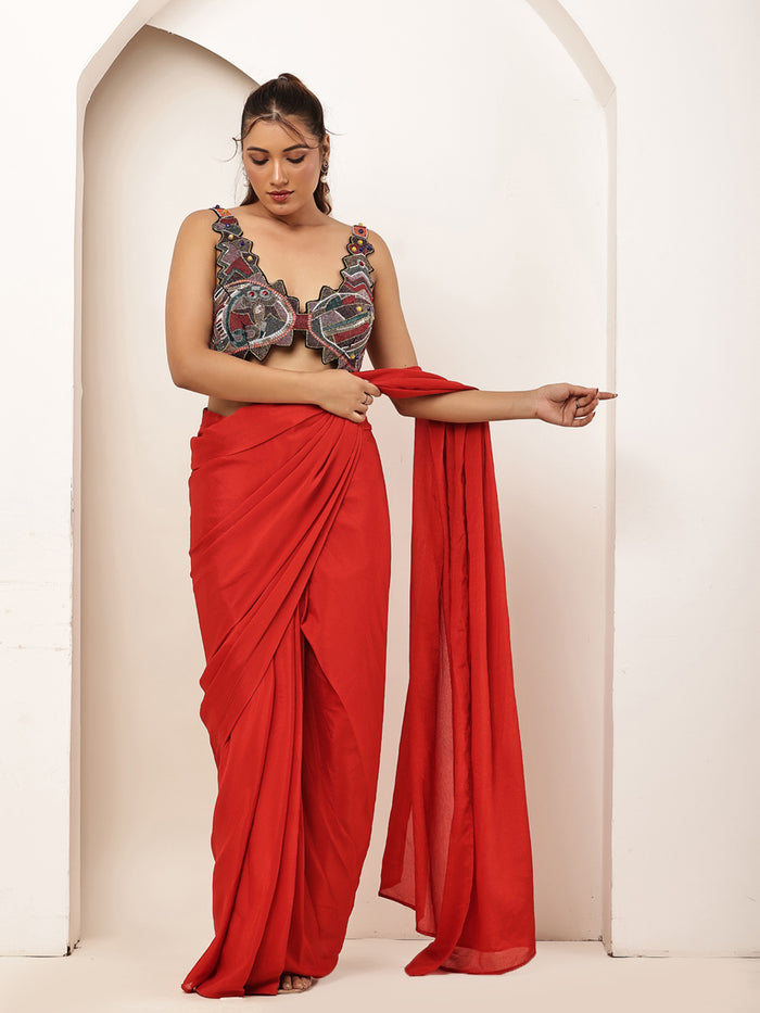 Black Mosaic blouse with Red Saree -Full Set