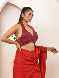 Red cutdana work blouse with saree ( Full set)