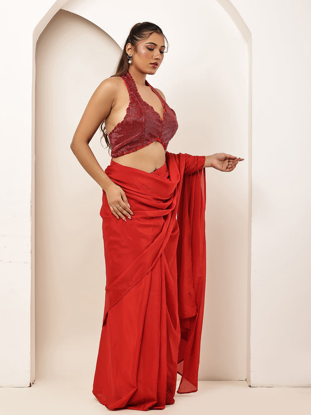 Red cutdana work blouse with saree ( Full set)