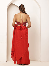 Red cutdana work blouse with saree ( Full set)