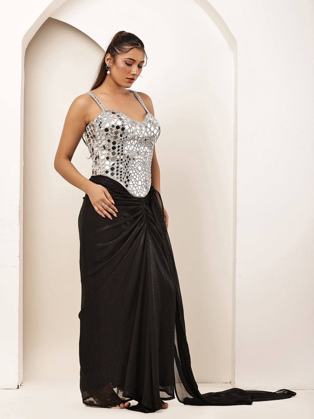 Mirror silver with black saree
