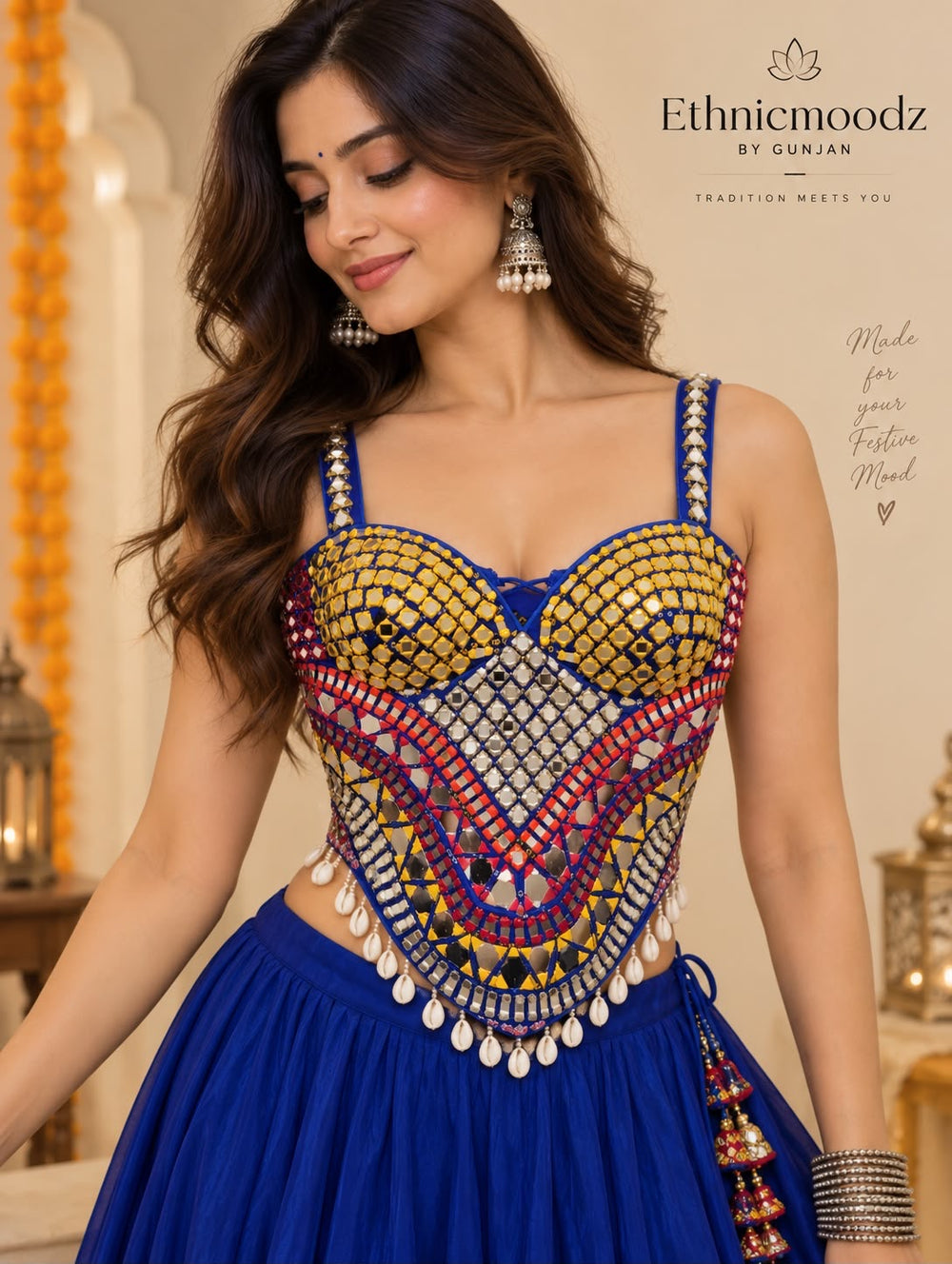 Electric Blue Navratri Multicolour Corset Blouse