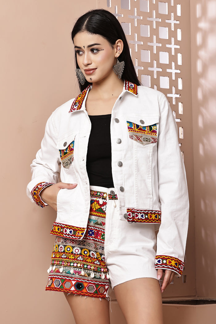 Navratri White Denim Jacket