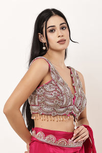 Traditional V Neck Hot Pink Blouse
