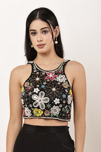 Floral Halter Neck Black Blouse