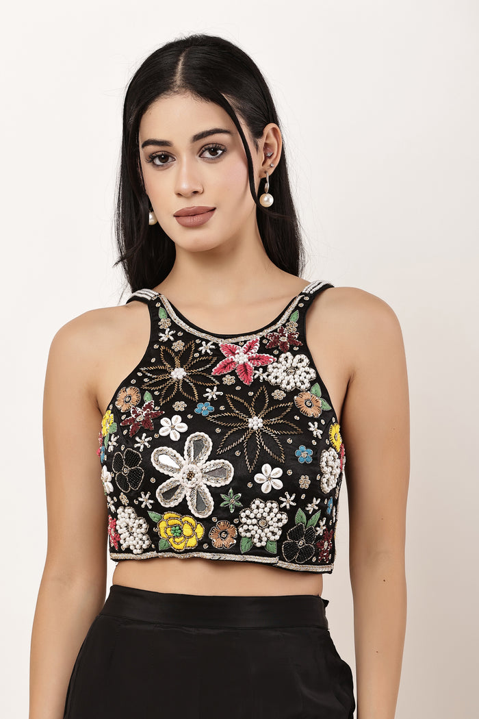 Floral Halter Neck Black Blouse