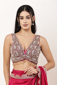 Traditional V Neck Hot Pink Blouse