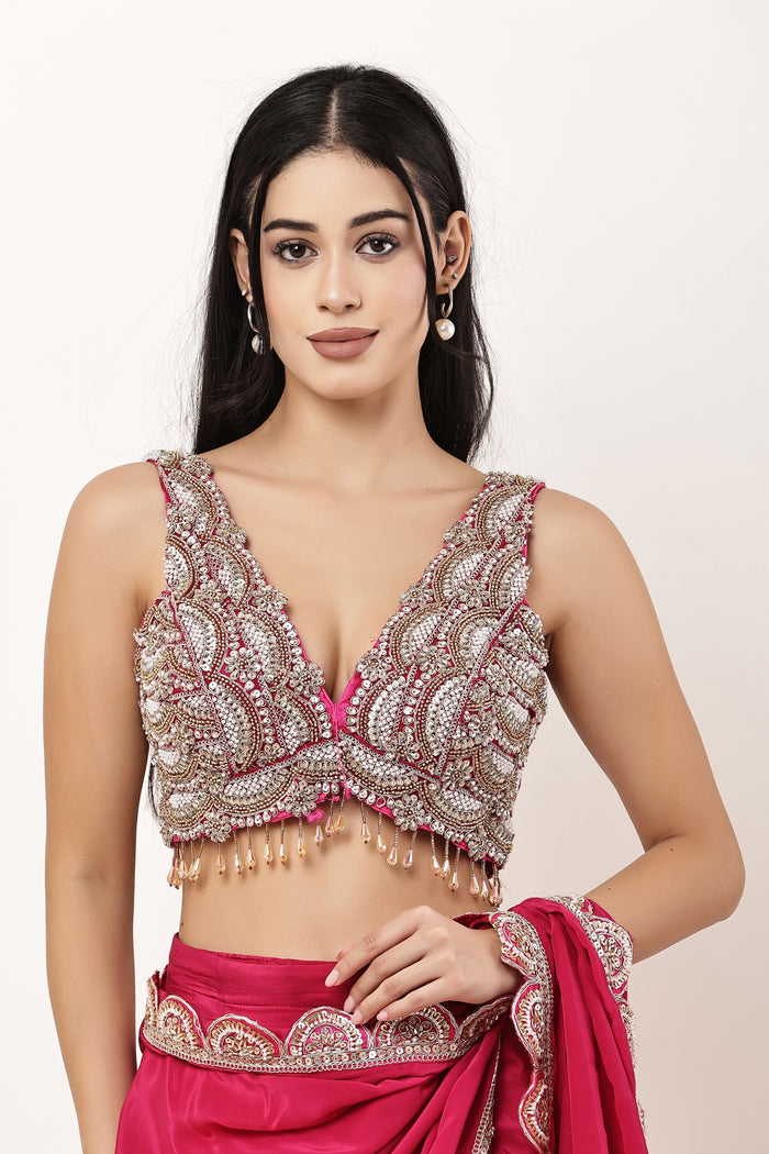 Traditional V Neck Hot Pink Blouse