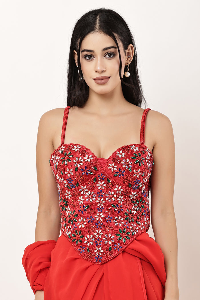 Hot Red Corset Stonework Blouse