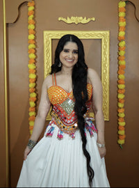 Multicolour Orange Navratri Blouse with White Skirt