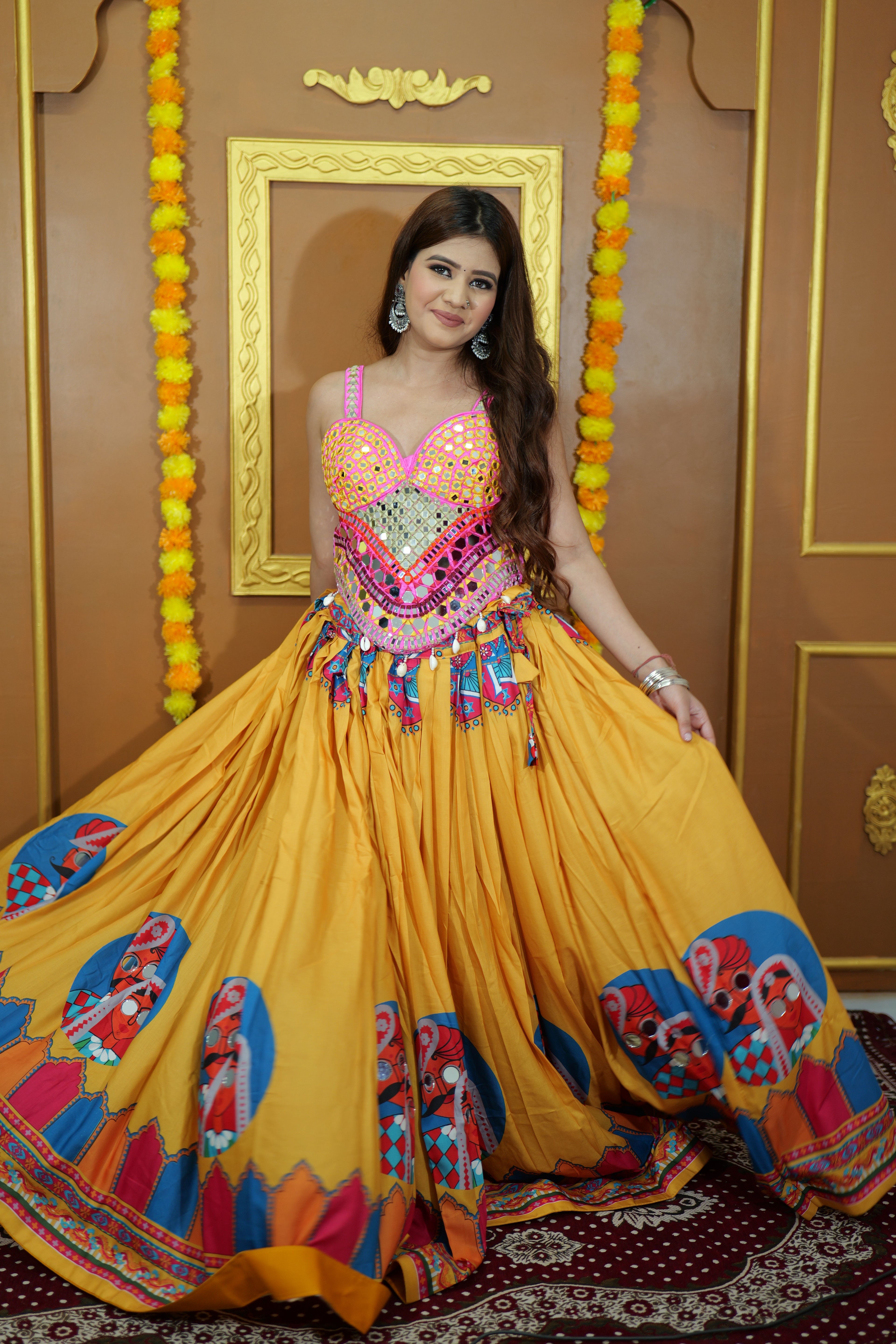 Navratri Pink Multicolour Corset Blouse with Yellow Skirt